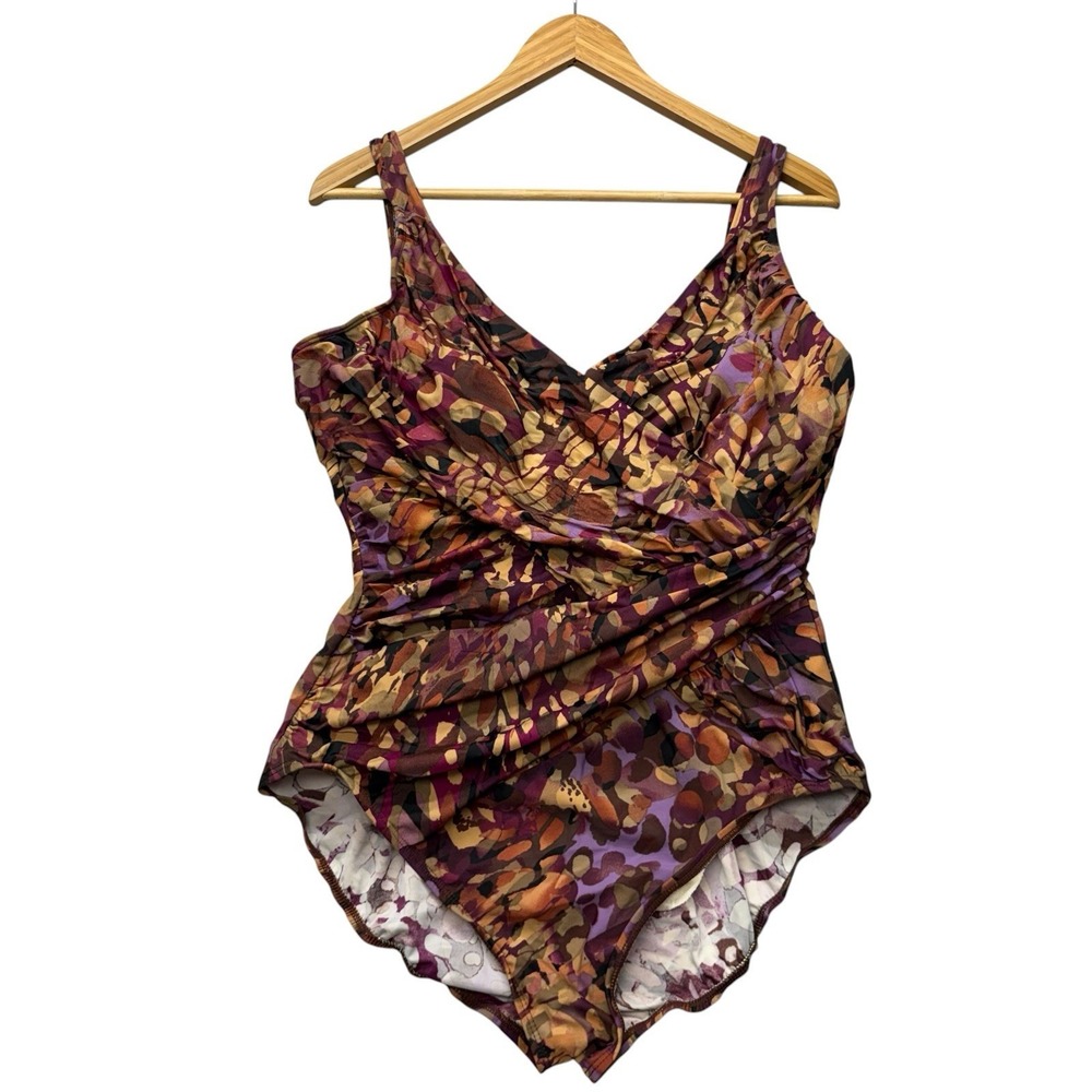 Kirkland Womens Swimsuit 16 Brown Floral One Piece Swim Ruched Slimming Modest
